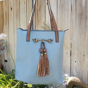 Blue Tasseled Vegan Leather Handbag